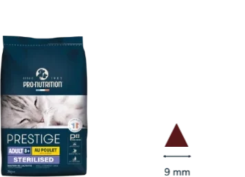 Sac Prestige chat Adult 8+ Sterilised au poulet et croquette triangulaire de 9 mm