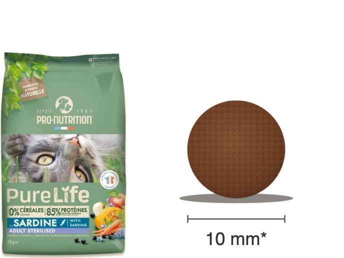 Sac PureLife chat Adult Sterilised à la sardine et croquette ronde de 10 mm