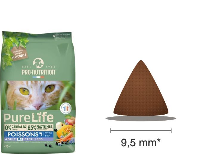 Sac PureLife chat Adult 8+ Sterilised aux poissons et croquette triangulaire de 9,5 mm