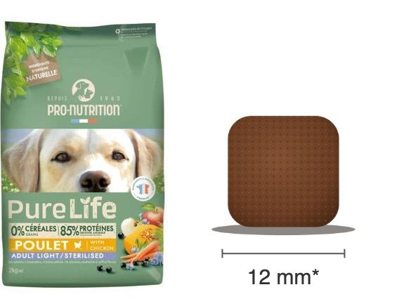 Sac PureLife chien Adult Light / Sterilised au poulet et croquette carrée de 12 mm